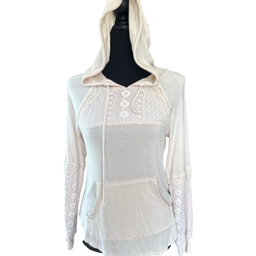Women’s Cream Lace-Accent Hoodie Top Size XS